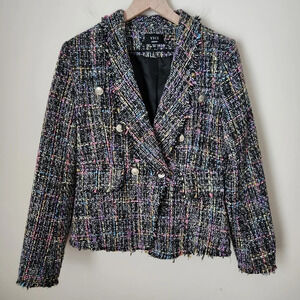 Vici | Multi Colored Fringe Raw Edge Double Breasted Tweed Blazer - Size M